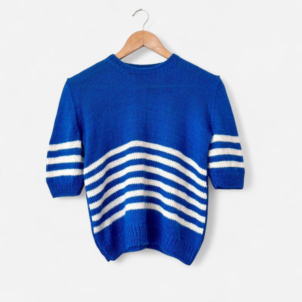 Vintage Hand Knit Handmade Blue Stripe Wool Short Sleeve Sweater- Size Small